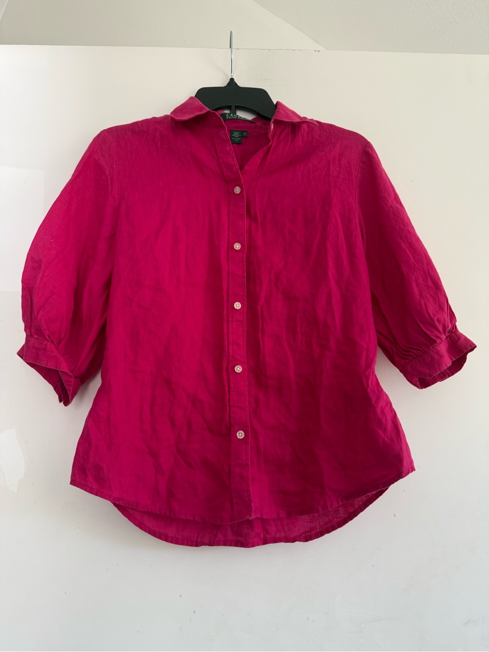 Lauren Ralph Lauren 100% Linen Shirt Top Sz S Magenta Pink 3/4 Sleeve